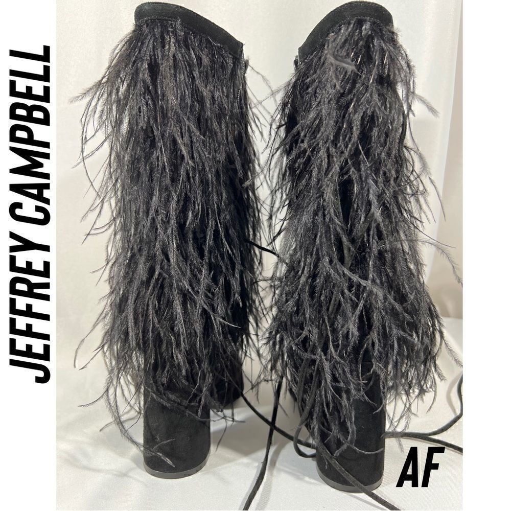 JEFFREY CAMPBELL SHAKE YA OSTRICH FEATHER BOOTS NEW BLACK - Picture 5 of 11